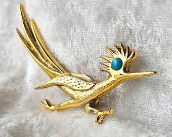 Vintage J Ritter Road Runner Brooch, Goldtone With Faux
