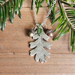 Silver Oak Leaf & Acorns Necklace: Mixed Metal Fall Jewelry, Steel or SP Chain