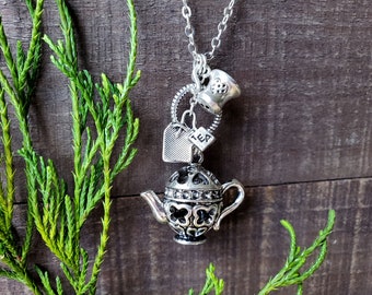 Antique Silver Teapot Necklace: Tea Lover Gift, Steel or SP Chain