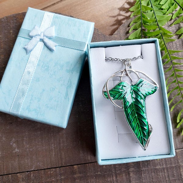 Lorien Leaf Brooch Necklace: Lord of the Rings Elven Jewelry, Steel or SP Chain
