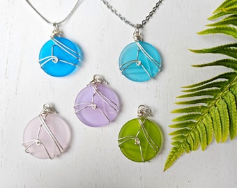 Wire-Wrapped Sea Glass Necklaces, Cultured Sea Glass, Round Sea Glass Pendant, Beach Jewelry, Tropical Jewelry