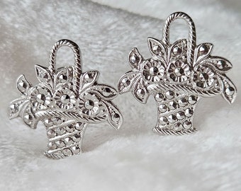 Vintage Sterling Silver & Marcasite Flower Basket Earrings, Art Deco, Screwback Earrings