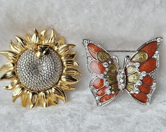 Lot of 2 Vintage Brooches by Liz Claiborne, Butterfly and Sunflower, Enamel and Rhinestone,