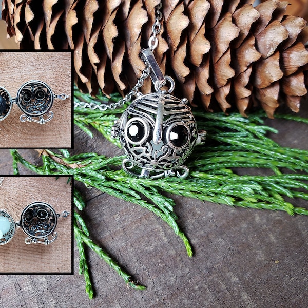 Owl Locket Necklace, Antique Silver, Essential Oil Lava Bead Locket or Glow in the Dark, Choose Steel or SP Chain, Chibi Owl
