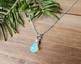 Petite Opalite Drop Necklace, Fine Stainless Steel Chain, Matching Wire Wrapped Opalite Earrings Available, Layering Necklace, Romantic Gift