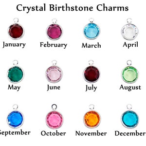 A chart of crystal birthstone charm colors:
Jan = Garnet, Feb = Amethyst, March = Aquamarine, April = Diamond, May = Emerald, June = Alexandrite, July = Ruby, August = Peridot, Sept = Light Sapphire, Oct = Pink Zircon, Nov = Topaz, Dec = Blue Zircon