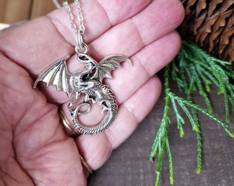 Dragon Necklace in Antique Silver, Choose Steel or SP Chain