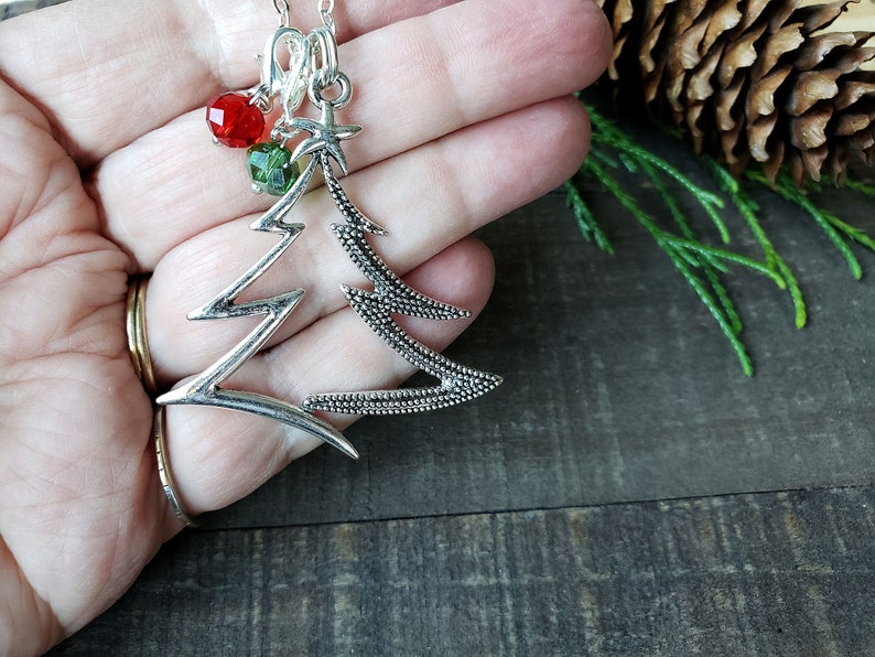 Christmas Tree Necklace in Antique Silver With Red and Green Etsy
