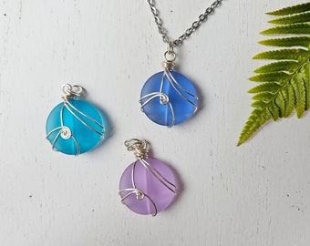 Wire-Wrapped Sea Glass Necklaces, Cultured Sea Glass,  Small Round Sea Glass Pendant, Beach Jewelry, Tropical Jewelry