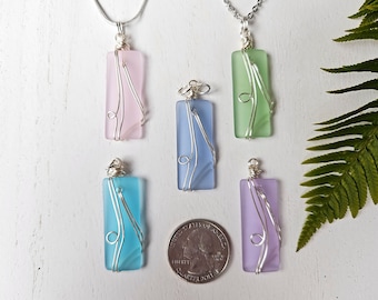 Wire-Wrapped Sea Glass Necklaces, Cultured Sea Glass,  Tall Rectangle Sea Glass Pendant, Beach Jewelry, Tropical Jewelry