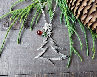 Christmas Tree Necklace in Antique Silver with Red and Green Crystals, Choose Steel or SP Chain, Holiday Jewelry, Matching Earrings