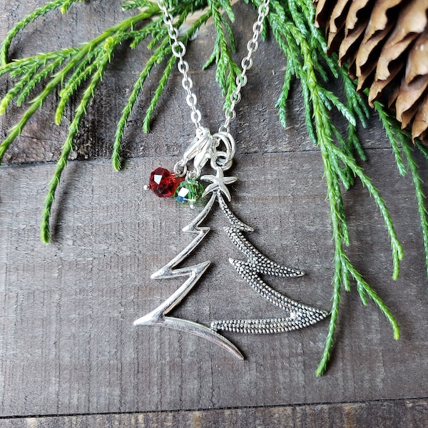 Christmas Tree Necklace in Antique Silver with Red and Green Crystals, Choose Steel or SP Chain, Holiday Jewelry, Matching Earrings
