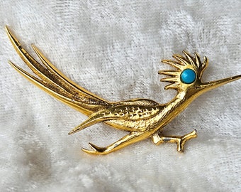 Vintage J Ritter Road Runner Brooch, Goldtone with Faux Turquoise Eye, with Hallmark, Very Good