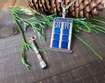Dr Who TARDIS Necklace, Optional Sonic Screwdriver Charm, Choose Steel or SP Chain, Whovian Necklace, Dr Who Gift