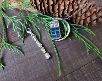 Spinning TARDIS Necklace: Dr Who Gift, Optional Sonic Screwdriver