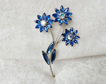 Sapphire Blue Rhinestone Brooch, Blue Floral Bouquet, 1950's
