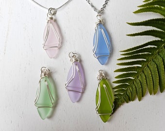 Wire-Wrapped Sea Glass Necklaces, Cultured Sea Glass,  Marquise Sea Glass Pendant, Beach Jewelry, Tropical Jewelry