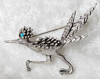 Vintage Tortolani Road Runner Brooch, Silvertone with Faux Turquoise Eye, with Hallmark, Very Good