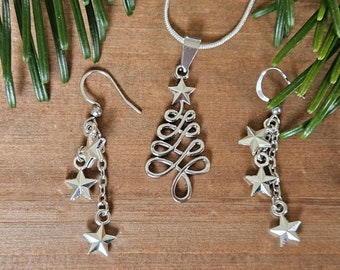 Christmas Tree Necklace in Shiny Silver, Topped with a Silver Star, Choose Steel or SP Chain, Holiday Jewelry, Matching Earrings Available