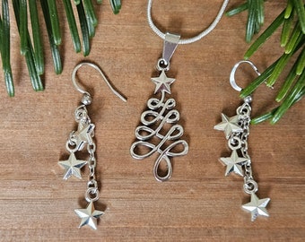 Silver Christmas Tree Necklace: Holiday Star Pendant, Choose Steel or SP Chain