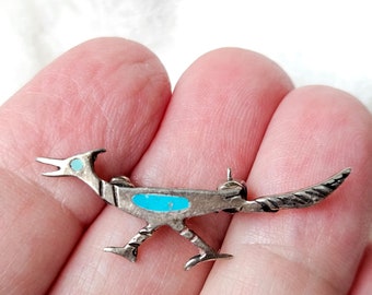 Sterling Road Runner Pin with Turquoise, 1950's, Southwest Jewelry, Primitive Brooch, Navajo Handcrafted Jewelry