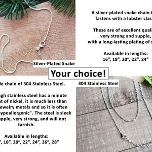 An infogram showing the comparison between the silver plated chain and the stainless steel chain, and giving the available lengths of each.