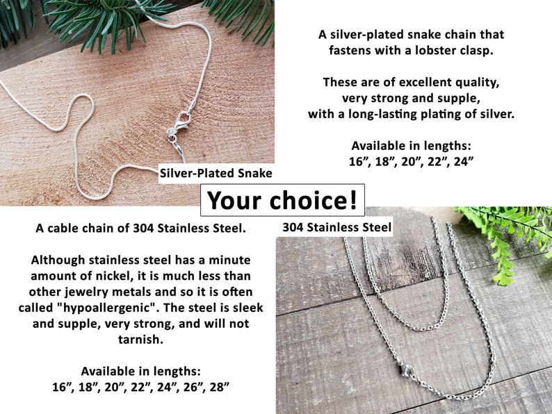 An infogram showing the comparison between the silver plated chain and the stainless steel chain, and giving the available lengths of each.