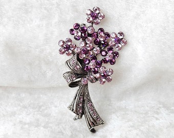 Floral Boquet Brooch in Amethyst Crystal, Purple Rhinestone Flower Brooch, 1950's