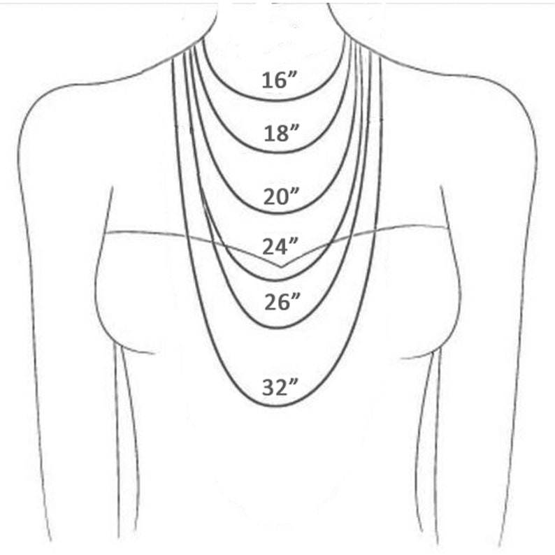 K&ouml;nnte beinhalten: Illustration der Halskettenl&auml;ngen: 16 Zoll, 18 Zoll, 20 Zoll, 24 Zoll, 26 Zoll und 32 Zoll, dargestellt auf einem Oberk&ouml;rper. Das Bild zeigt, wie verschiedene Halskettenl&auml;ngen beim Tragen aussehen. Die Halsketten werden durch schwarze Linien dargestellt.