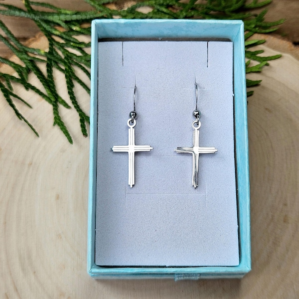 Minimalist Stainless Steel Cross Earrings: Hypoallergenic Jewelry, Choose Ear Hooks or Lever Backs