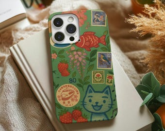 Kawaii Japanese Phone Case: Vintage Postage, Floral Collage