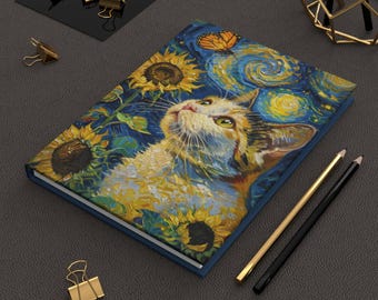May include: A hardcover journal featuring a cat gazing upwards, surrounded by sunflowers and a butterfly, set against a starry night sky. The cover art is in a Van Gogh-inspired style, with a blue border.