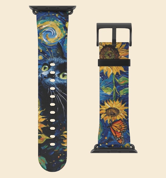 Van Gogh Black Cat Starry Night Apple Watch Band, Sunflowers and