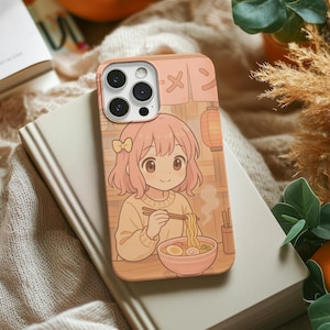 Funda rígida para teléfono con diseño de chica ramen de anime, funda para teléfono otaku, regalo kawaii para amantes de los fideos japoneses, accesorio para fans del anime, funda con personaje manga adorable