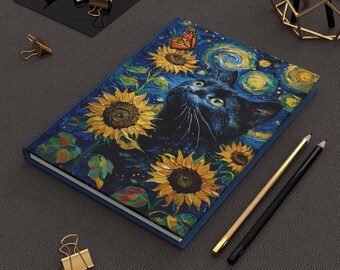 May include: A hardcover journal with a vibrant, artistic design. The cover features a black cat gazing upwards amidst sunflowers and a butterfly, set against a starry night sky. The journal has a blue spine and is accompanied by gold and black pencils.