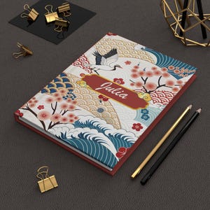Gepersonaliseerde Japans hardcover dagboek, gepersonaliseerd notitieboek kersenbloesem, schrijfdagboek in Japanse stijl, gepersonaliseerd notitieboek Great Waves