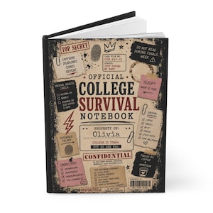 May include: A hardcover notebook with a black spine and a tan cover featuring a collage of faux sticky notes, paper clips, and text including Official College Survival Notebook, Property of Olivia, and various humorous academic-themed checklists.