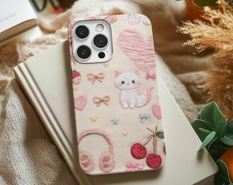 Funda para teléfono Kawaii Kitty, estilo bordado pastel con cerezas y lazos