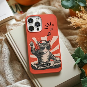DJ Cat Phone Case,  Funny Cat with Headphones, Cat Lovers Phone Cover, Unique DJ Kitty, Phone Protector for iPhone Samsung Google Pixel