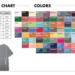 K&ouml;nnte beinhalten: Gr&ouml;&szlig;en- und Farbtabelle f&uuml;r T-Shirts. Die Gr&ouml;&szlig;en reichen von S bis 4XL, mit Breiten- und L&auml;ngenma&szlig;en in cm. Die Farbpalette zeigt verschiedene Farbt&ouml;ne, darunter Wei&szlig;, Schwarz und Marineblau.