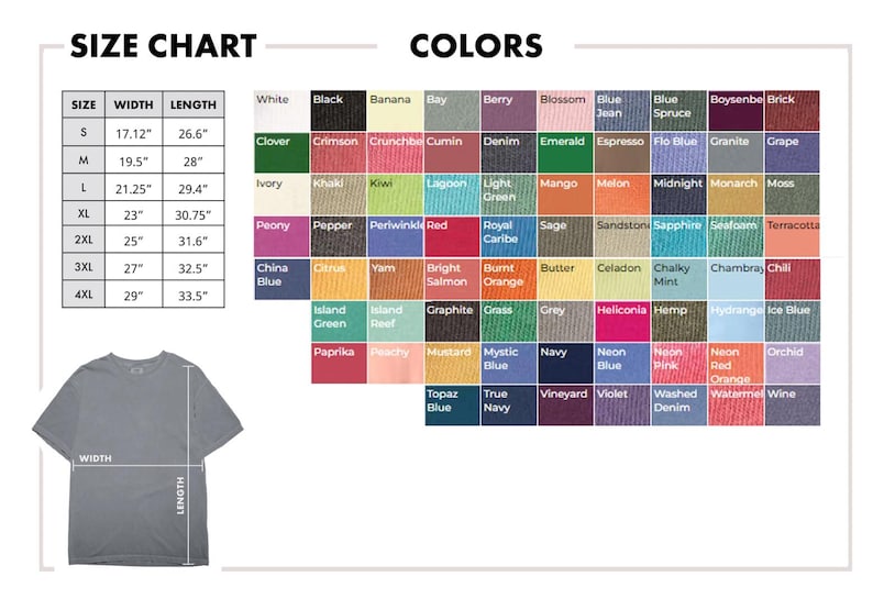 K&ouml;nnte beinhalten: Gr&ouml;&szlig;en- und Farbtabelle f&uuml;r T-Shirts. Die Gr&ouml;&szlig;en reichen von S bis 4XL, mit Breiten- und L&auml;ngenma&szlig;en in cm. Die Farbpalette zeigt verschiedene Farbt&ouml;ne, darunter Wei&szlig;, Schwarz und Marineblau.