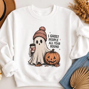 Sweatshirt I Ghost People het hele jaar door, herfstspook ronde hals, Halloween-koffietrui, herfstpompoensweater, griezelige seizoentrui