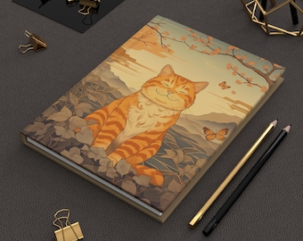 Diario de tapa dura con diseño de gato atigrado naranja kawaii: un regalo para los amantes de los gatos