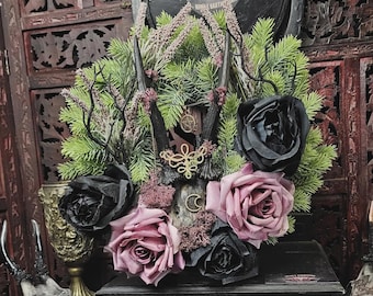 Couronne de crâne de cerf véritable - Décoration de forêt sombre - Tenture murale Witchcore lune étoiles pentacle pentacle sorcière