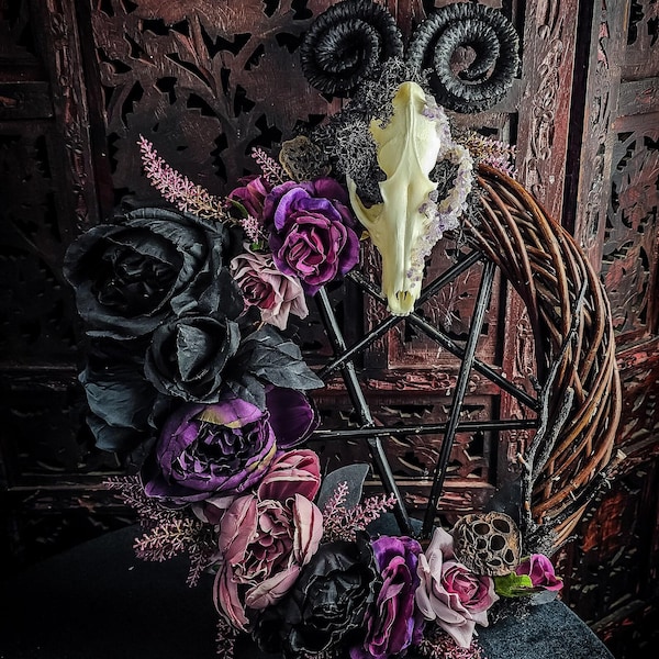 Wooden Door wreath real fox skull black horns plants moss roses violet amethyst crystals lotus forest pentagram pentacle witch witchcraft