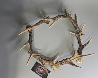 May include: A natural deer antler wreath with multiple points and a dark brown color. The wreath is circular and has a dark tag with text at the bottom. The antlers are arranged in a circle.