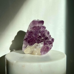 Natural Brazilian Amethyst Crystal Cluster with Calcite Inclusions – 2.5&quot; Cut Base Chunk Geode, Healing Stone, Home Décor, Meditation Aid
