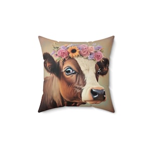 Whimsical Cow Pillow, Cozy Farmhouse Decor, Cute Animal Throw Pillow, Perfect Gift for Animal Lovers and Home Decor, Floral Cow