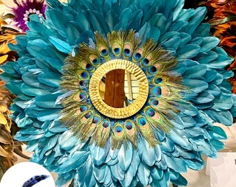 jujuhat with turquoise blue peacock feathers