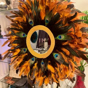 Juju hat boho organ and black with rooster feathers and peacock feathers